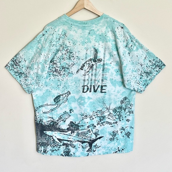 Vintage 90s Dive All Over Scuba Ocean Bubble Print Aqua Tie Die T Shirt Adult XL - Picture 11 of 16